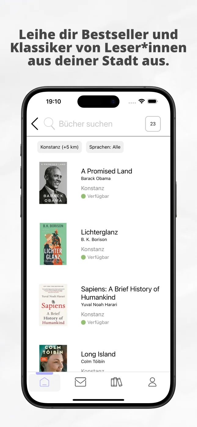 Überschrift: Leihe dir aktuelle Bestslleer und Klassiker aus deiner Nachbarschaft und ein Screenshot einer Buchsuche mit Buchtiteln und Buchcovern in deiner Nachbarschaft