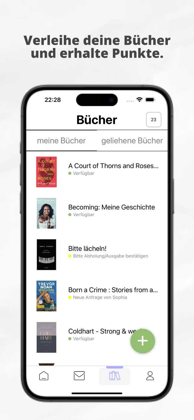 Überschrift: Verleihe deine gebrauchten Bücher und erhalte Punkte und ein Screenshot der eigenen Bibliothek in readt: Buchcover, Titel und Verfügbarkeit der eigenen Bücher, sowie eine Übersicht der aktuell geliehenen Bücher.