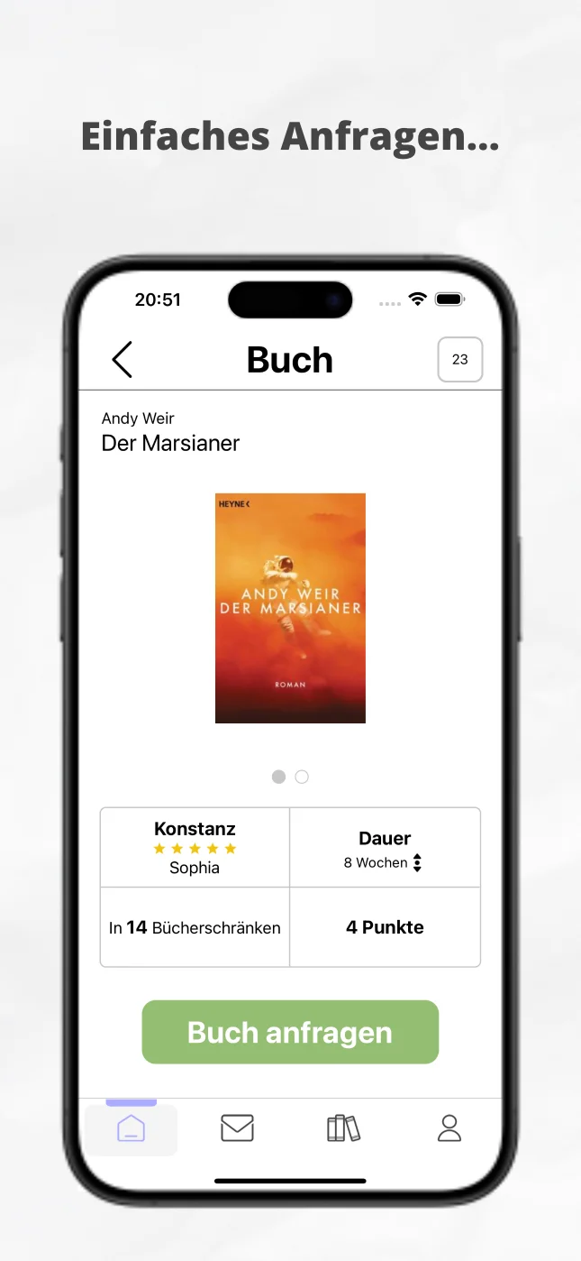 Überschrift: Einfaches Anfragen und Verleihen von Büchern und ein Screenshot einer Detailansicht eines Buches von einer Leser:in zum Leihen in der eigenen Stadt.