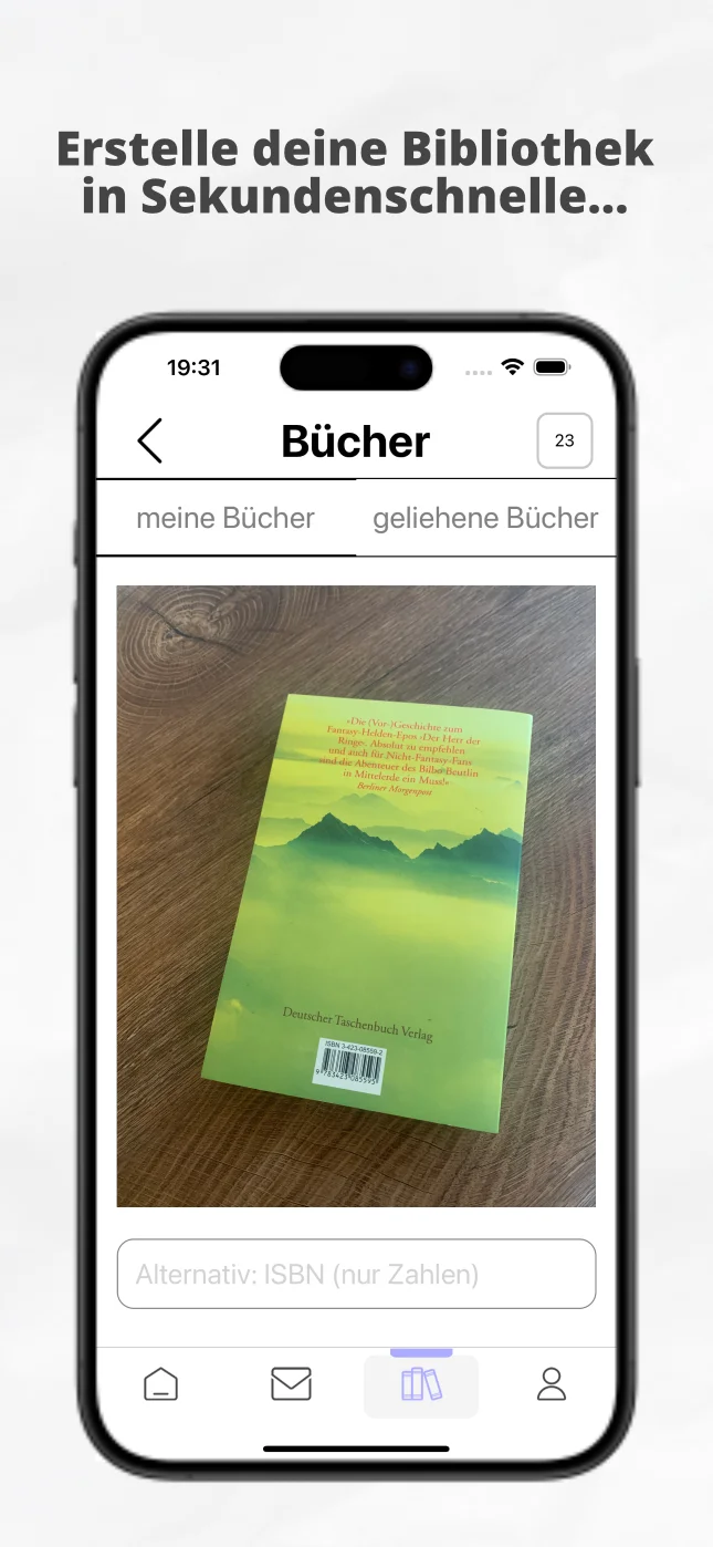 Überschrift: Erstelle deine Bibliothek in Sekundenschnelle... und ein Screenshot des Scans einer ISBN auf der Rückseite eines gebrauchten Buches.