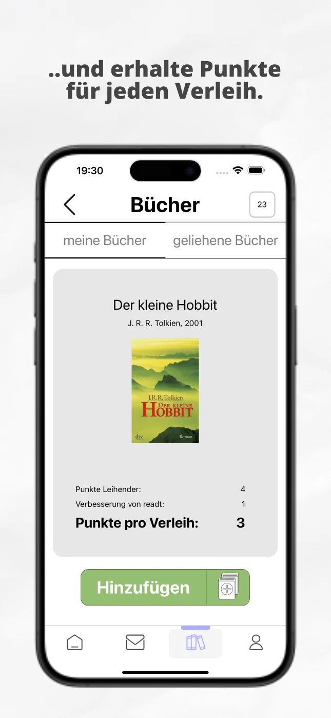 Überschrift: ..und erhalte Punkte für jedes verliehene Buch und ein Screenshot der Details eines Buches, bereit für das hinzufügen zur eigenen Bibliothek.