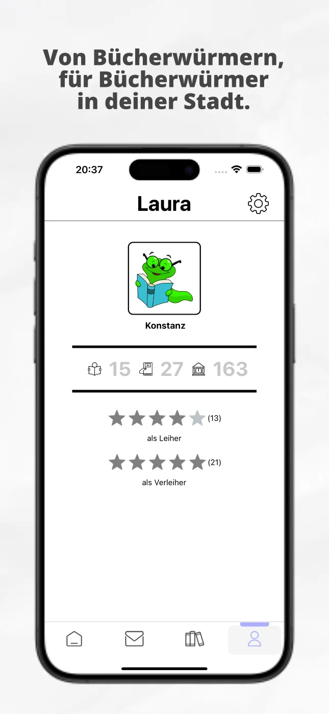 Überschrift: Von Bücherwürmen für Bücherwürmer in deiner Stadt und ein Screenshot des Profils einer aktiven Leser:in mit ihren Lesestatistiken.