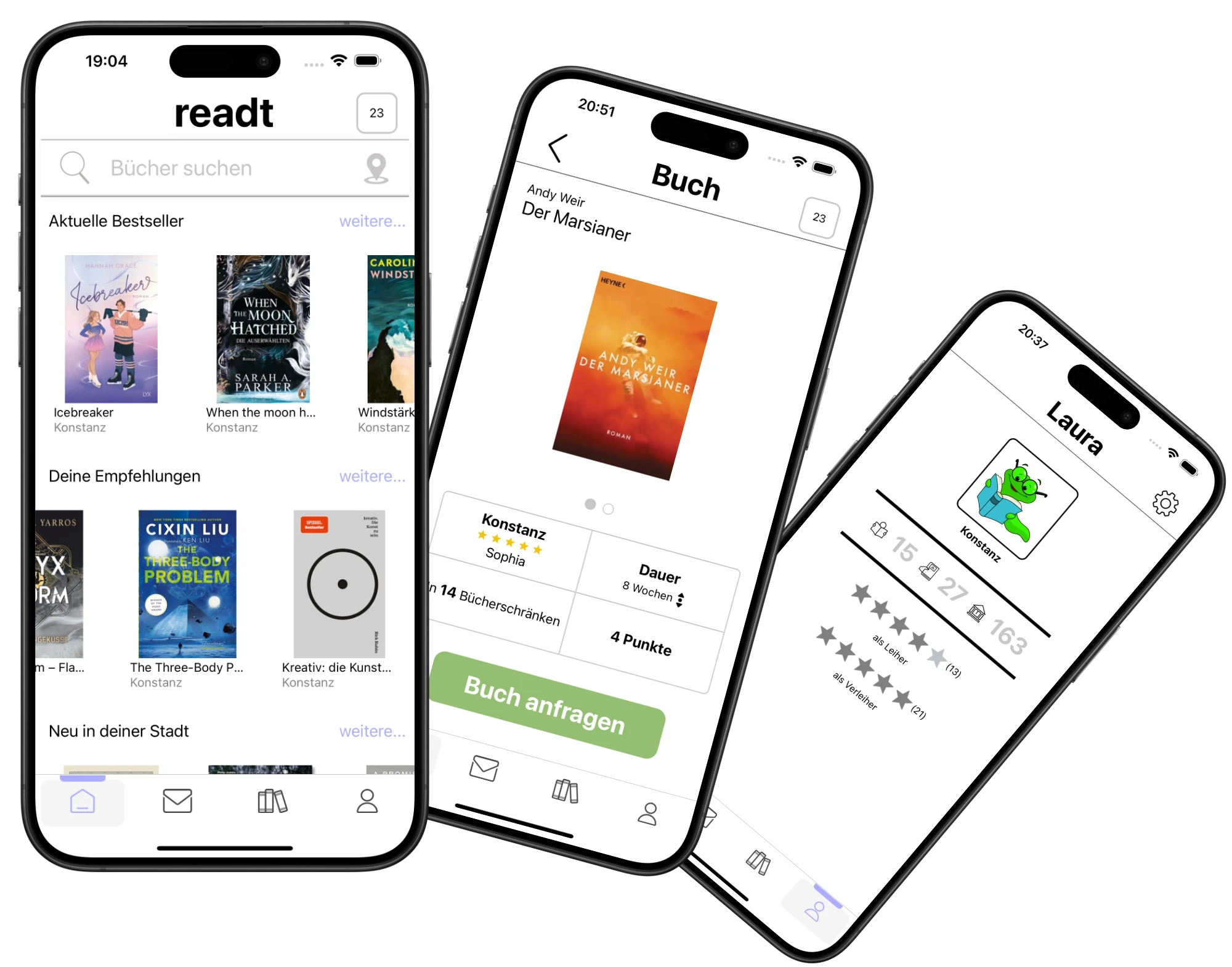 Drei Screenshots der readt App: Die Startseite mit Buchcovern von aktuellen Bestsellern, Empfehlungen und Büchern in deiner Nähe. Die Detailansicht eines Buches von einer Leser:in zum Leihen. Das Profil einer aktiven Leser:in mit ihren Lieblingsbüchern und Lesestatistiken.