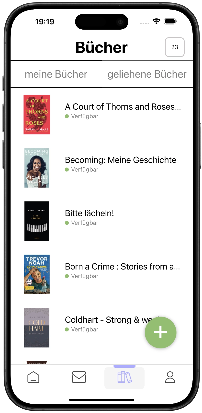 Ein Screenshot der eigenen Bibliothek in readt: Buchcover, Titel und Verfügbarkeit der eigenen Bücher, sowie eine Übersicht der aktuell geliehenen Bücher.